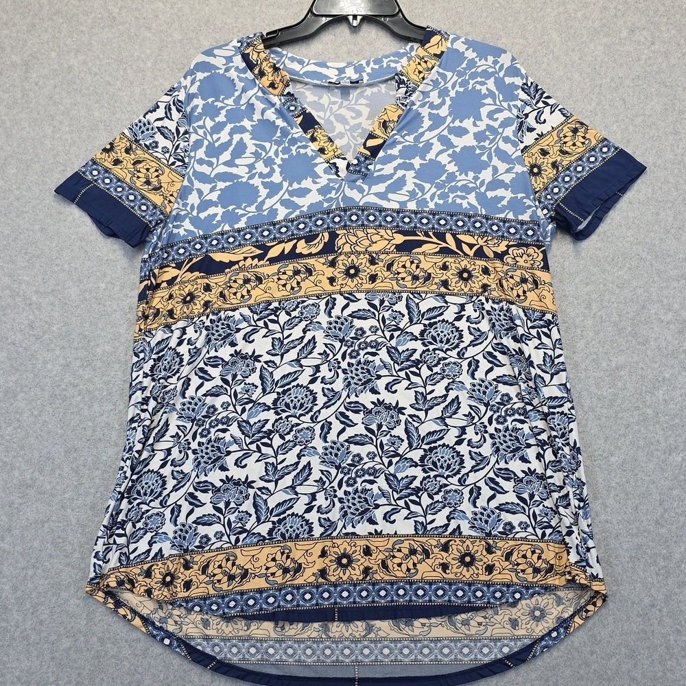 White Birch Blue and White Short Sleeve Relaxed Blouse